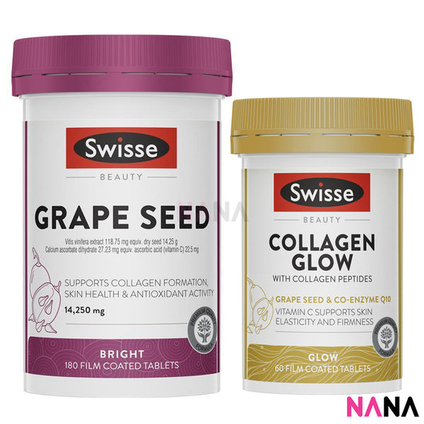 Swisse Ultiboost Beauty Grape Seed 14,250mg 180 Capsules + Swisse Beauty Collagen Glow With Collagen Peptides 60 Tablets