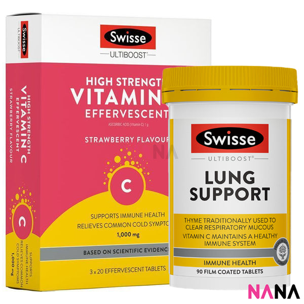 Swisse Immunity Boost Combo: High Strength Vitamin C 1000mg Effervescent (60 Capsules) + Lung Health Support (90 Capsules)