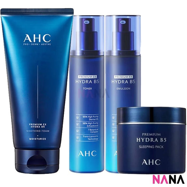 AHC Premium Hydra B5 Set: Toner + Lotion + Soothing Foam + Sleeping Pack [New Packaging] - NANA MALL