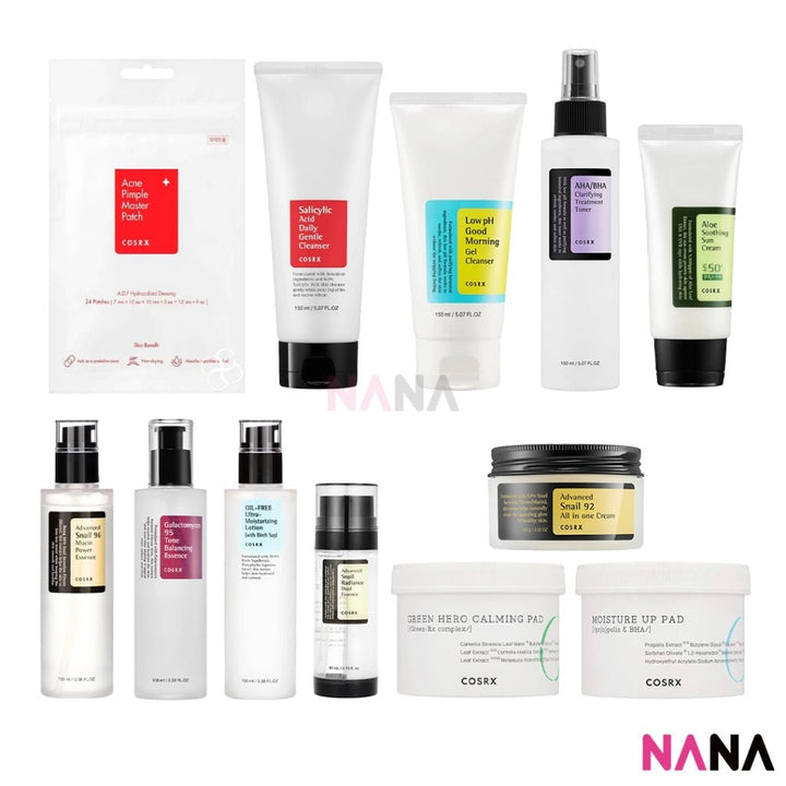 COSRX Skincare Bestsellers (Low pH Good Morning Gel Cleanser / Salicylic Acid Daily Gentle Cleanser / AHA/BHA Clarifying Treatment Toner / Advanced Snail 96 Mucin Power Essence / Aloe Soothing Sun Cream SPF50+ PA+++) - NANA MALL