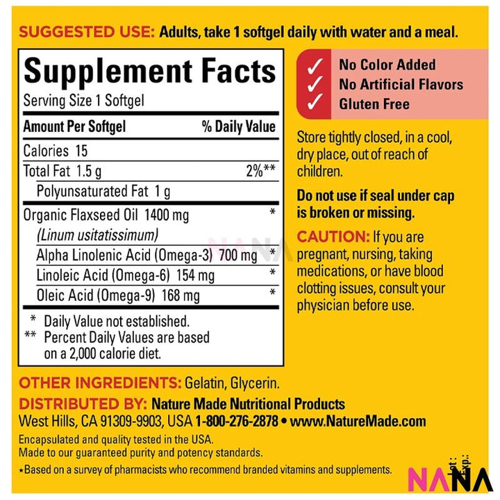 Nature Made Flaxseed Oil 1400mg (700 mg Omega - 3 - 6 - 9) 300 Softgels - NANA MALL
