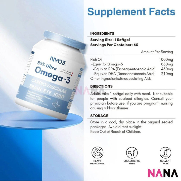 NYO3 85% Ultra Omega - 3 Fish Oil 1000mg 60Softgels(EXP:04 2028) - NANA MALL