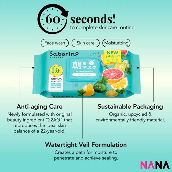 Saborino Minty Fresh Morning Mask 3 in 1 Goodness - Mint & Grapefruit 30 Sheets - NANA MALL