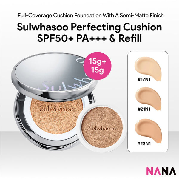 SULWHASOO Perfecting Cushion SPF50+ PA+++15g + 15g Refill [17N1, 21N1, 23N1] - NANA MALL