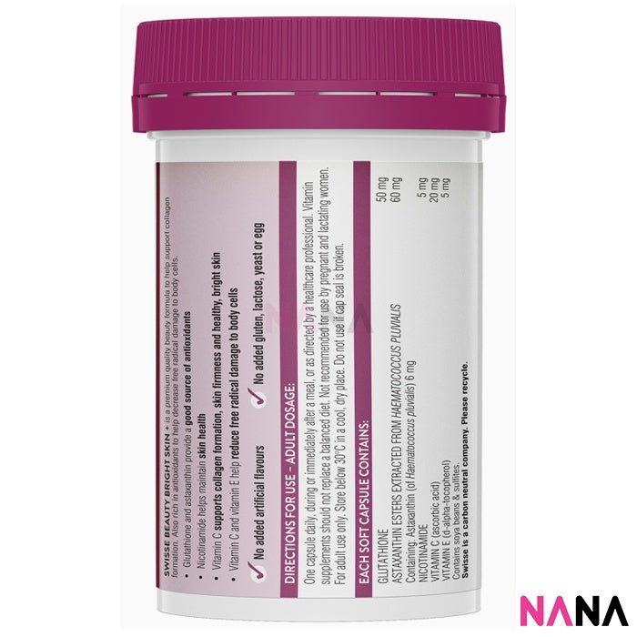 Swisse Beauty Bright Skin + 60 Capsules (With Glutathione Astaxanthin & Nicotinamide Vitamin C Support) (EXP:08 2026) - NANA MALL