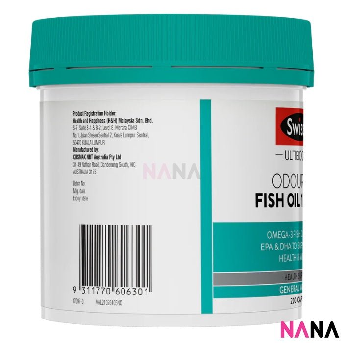 Swisse Odourless Fish Oil 1000mg 200 Capsules (EXP:04 2027) - NANA MALL