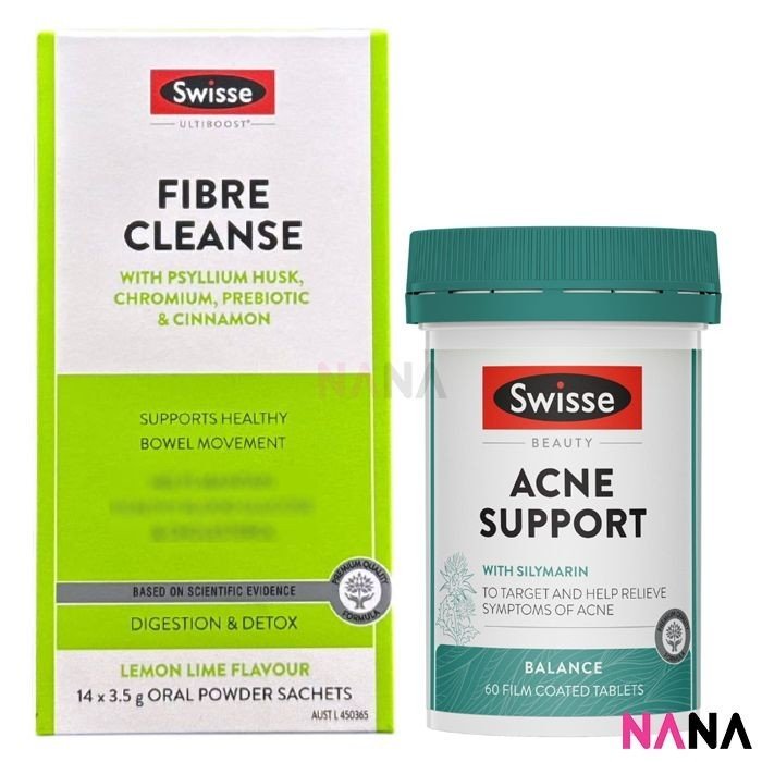 Swisse Ultiboost Fibre Cleanse Powder Sticks 14pcs + Beauty Acne Support 60 Tablets - NANA MALL