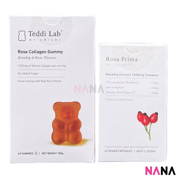 Unichi Rose Collagen & Rosehip Extract Set (Rose Collagen Gummy Bear 60 Gummies + Rosehip Extract Complex 60 Capsules) - NANA MALL