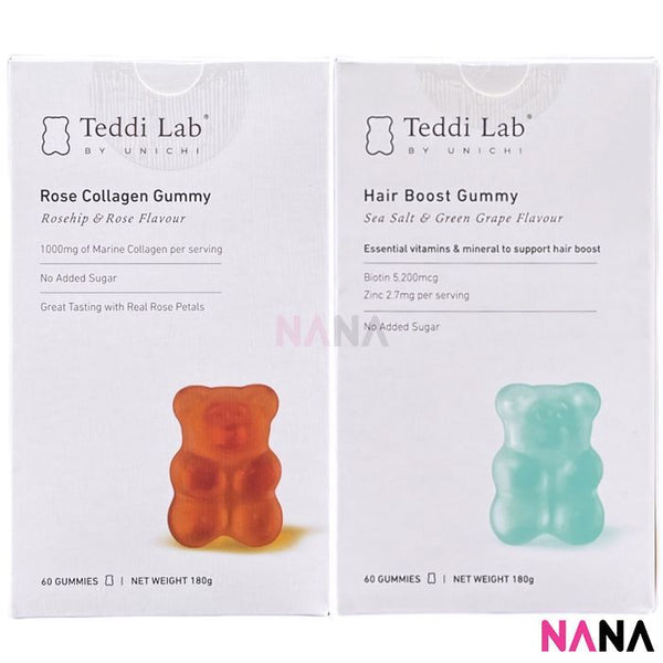 Unichi Teddi Lab Rose Collagen Gummy Bear 60 Gummies + Teddi Lab Hair Boost Gummy Biotin + Zinc Gummy 60 Gummies - NANA MALL