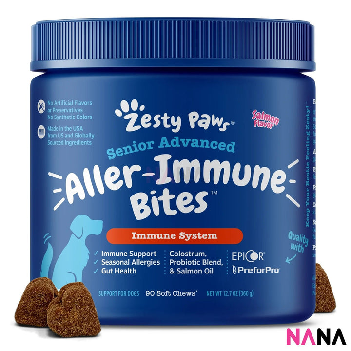 Zesty Paws Premium Quality Cat and Dog Supplements Bites Soft Chews (8 - in - 1 Multifunctional, Senior Dogs Advanced 11 - in - 1, Aller - Immune, Probiotic, Calming, Mobility, Omega, Salmon, Cranberry Bladder, Stay Green, Salmon Oil, Hairball & Calming for Cats) - NANA MALL