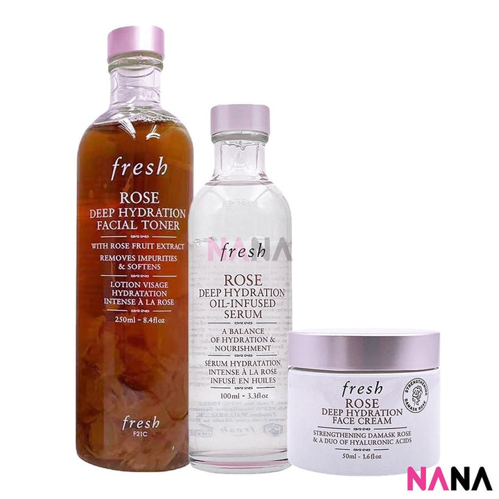 Fresh Rose Deep Hydration Set (3 items) (Facial Toner 250ml + Oil - Infused Serum 100ml + Face Cream 50ml) - NANA MALL