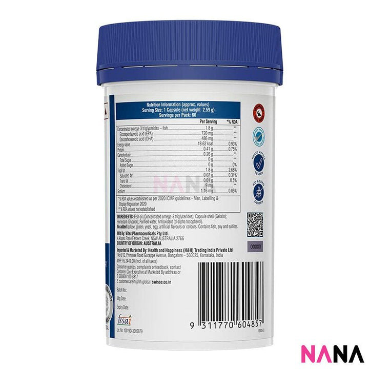 Swisse Ultiboost 4 X Strength Omega - 3 Odourless Wild Fish Oil 1800mg Concentrate 60 Capsules - NANA MALL