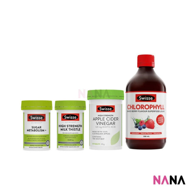 Swisse Wellness So Easy Feel Light & Detox Combo Set (Apple Cider Vinegar, Chlorophyll, Sugar Metabolism, Milk Thistle) - NANA MALL