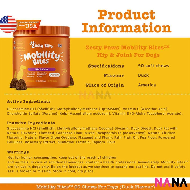 Zesty Paws Hip & Joint Mobility Bites Duck Flavor - 90 Soft Chews - NANA MALL