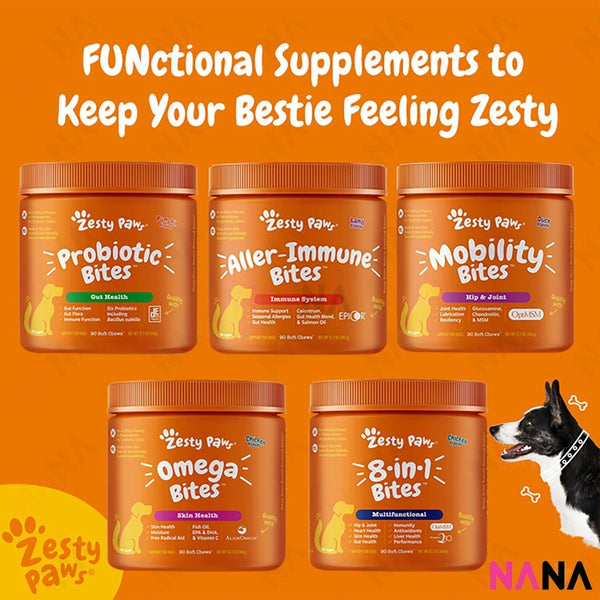 Zesty Paws Premium Quality Cat and Dog Supplements Bites Soft Chews (8 - in - 1 Multifunctional, Senior Dogs Advanced 11 - in - 1, Aller - Immune, Probiotic, Calming, Mobility, Omega, Salmon, Cranberry Bladder, Stay Green, Salmon Oil, Hairball & Calming for Cats) - NANA MALL