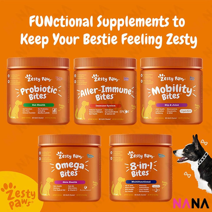 Zesty Paws Premium Quality Cat and Dog Supplements Bites Soft Chews (8 - in - 1 Multifunctional, Senior Dogs Advanced 11 - in - 1, Aller - Immune, Probiotic, Calming, Mobility, Omega, Salmon, Cranberry Bladder, Stay Green, Salmon Oil, Hairball & Calming for Cats) - NANA MALL
