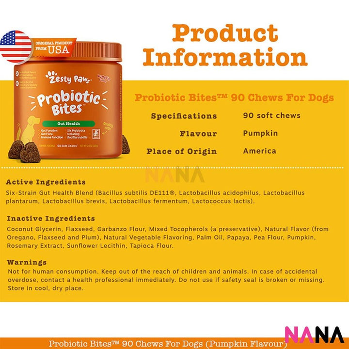 Zesty Paws Probiotic Bites Pumpkin Flavor 90 Soft Chews - NANA MALL